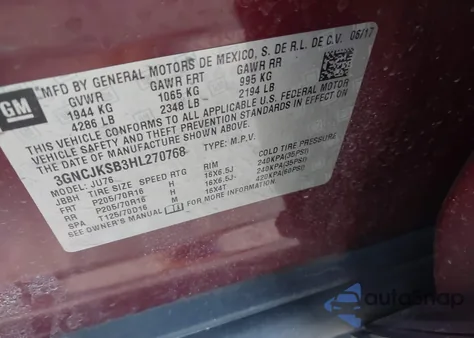 2017 Chevrolet Trax Ls z USA, uszkodzony, nr VIN 3GNCJKSB3HL270768